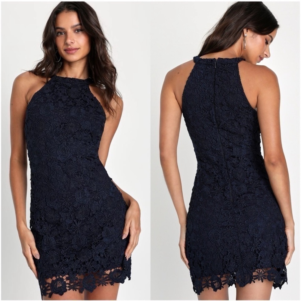 LULU’S Love Poem Navy Blue Lace Mini Dress